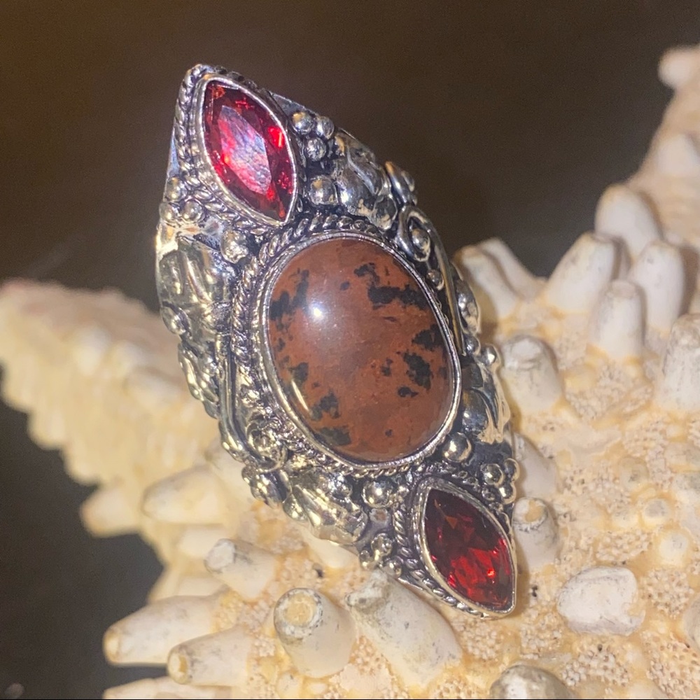 Coconut Jasper + Mozambique Garnet bohemian vintage ring - Picture 1 of 7